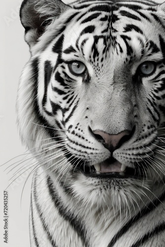 White Bengal Tiger Portrait in the Wild, featuring the majestic big cat with striking black stripes, showcasing its dangerous yet captivating presence in nature