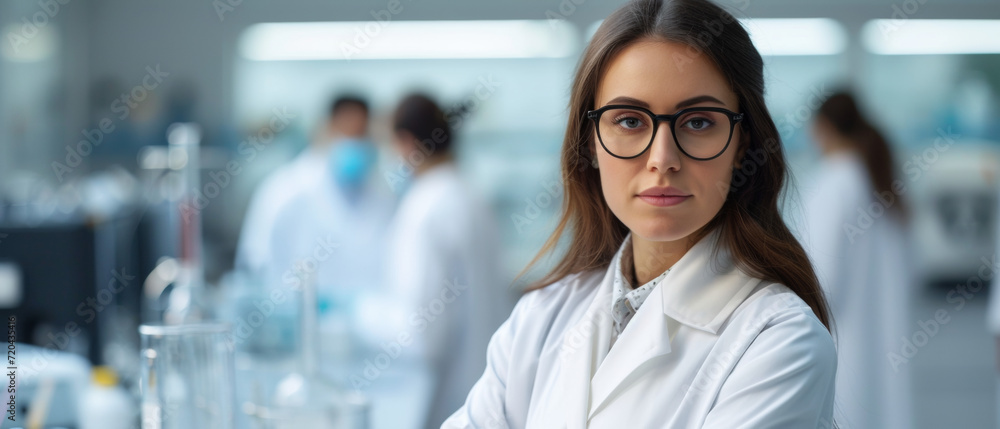 Young woman researcher. She is wearing a white coat. Medicine and Biology Laboratory behind her and a team of scientists. Research, medicine and healthcare concept.