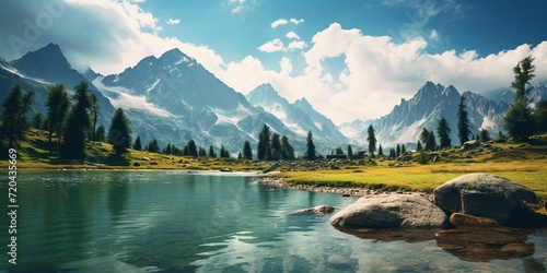 Amazing mountain landscape with a lake color film photography style, concept of Spectacular natural beauty