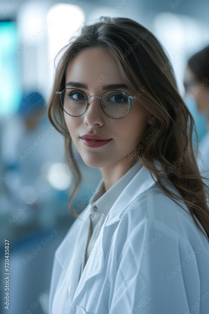 Fototapeta premium Young woman researcher. She is wearing a white coat. Medicine and Biology Laboratory behind her and a team of scientists. Research, medicine and healthcare concept.