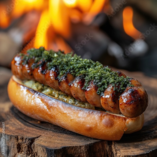 grilled sausage hotdog with wasabi served infront of the burning logs . generative ai