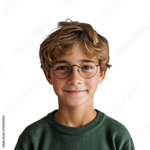 portrait of a cute boy with glasses wearing green shirt