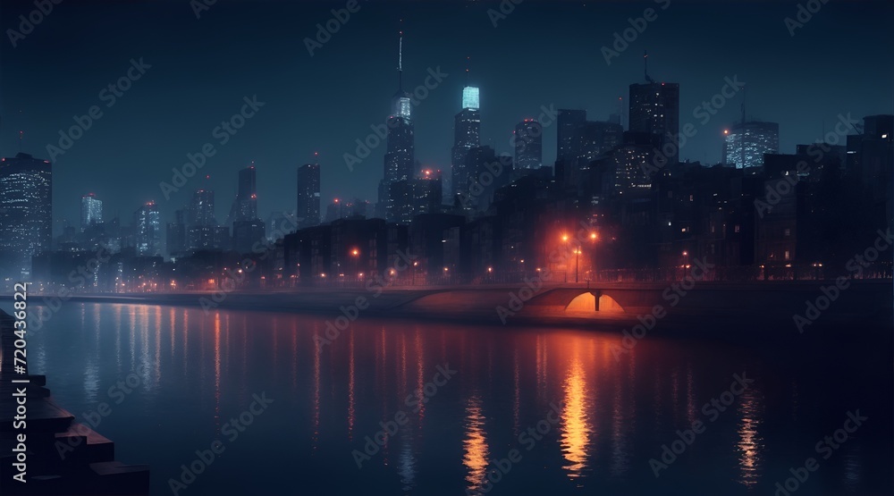 Night view of a cityscape with a river