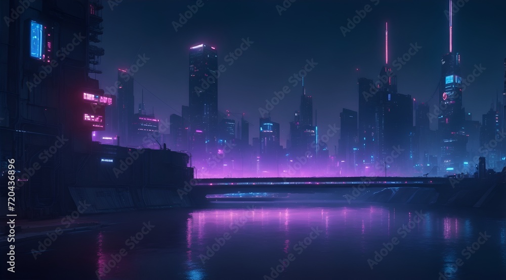 Foggy night cityscape with river and illuminated skyscrapers