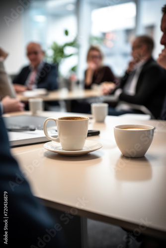 Coffee break in business meeting. Cappuccino cups on the table. Businesspeople in the blurred background. © ekim