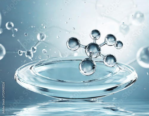 cosmetic moisturizer water molecule, Cosmetic Essence, Liquid bubble, Molecule inside Liquid Bubble on water background, 3d rendering and texture biochemistry technology concept