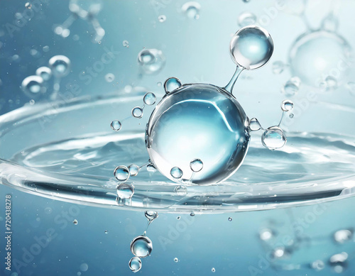 cosmetic moisturizer water molecule, Cosmetic Essence, Liquid bubble, Molecule inside Liquid Bubble on water background, 3d rendering and texture biochemistry technology concept
