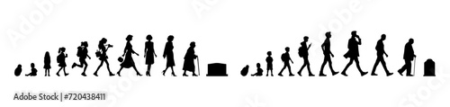 Vector illustration. Silhouette of growing up man from baby to old age. Many people of different ages in a row.	