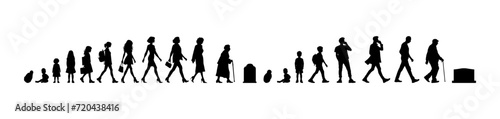Vector illustration. Silhouette of growing up man from baby to old age. Many people of different ages in a row.	 photo