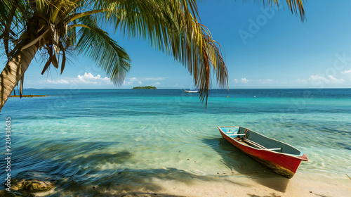 Beautiful Caribbean sea and boat on the shore Exotic vacation and travel destination