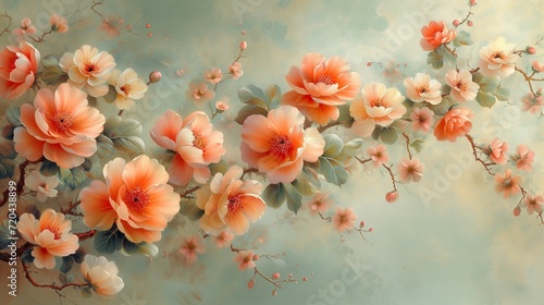 Vintage Floral Elegance: Delicate Flowers on a Peach Fuzz Background in Soft Hues, Creating a Timeless and Elegant Design