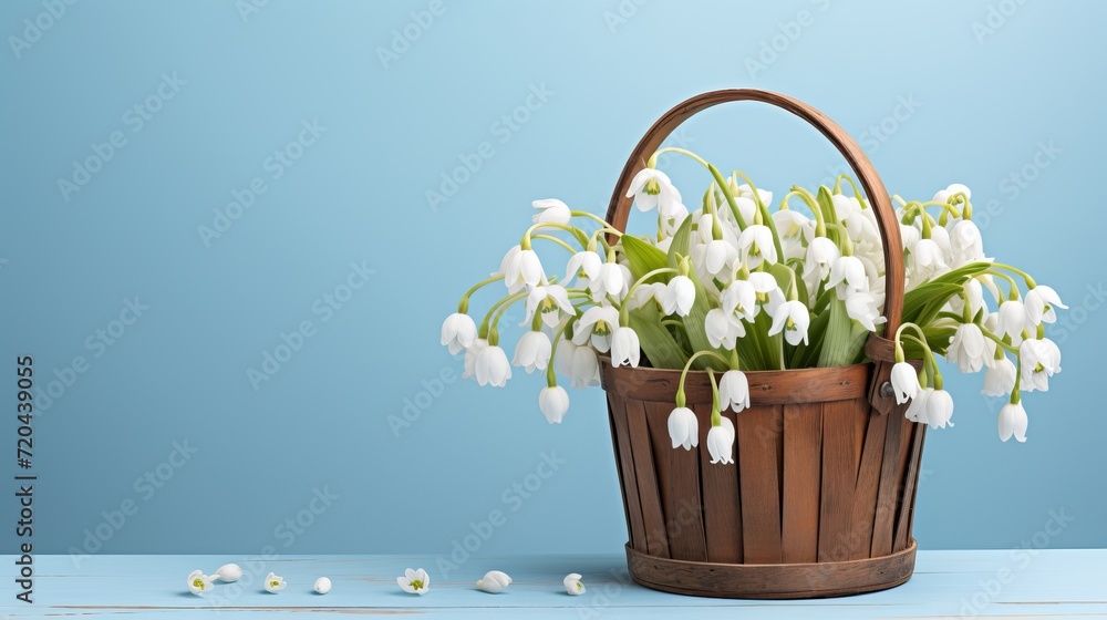 White basket of snowdrops flowers on light blue spring background with copy space