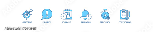 Time management banner web icon set vector illustration concept with icon of objective, priority, schedule, reminder, efficiency, alerts, and controlling