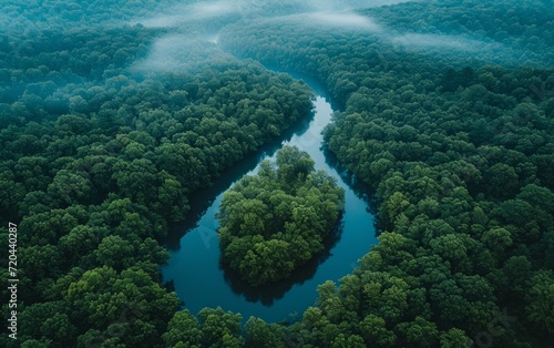 Aerial View of River Through Misty Forest