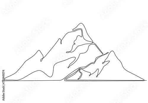 One continuous line drawing of mountain landscape. Web banner with mounts and high peaks in simple linear style. Winter sport adventure and hiking tourism concept. Vector illustration