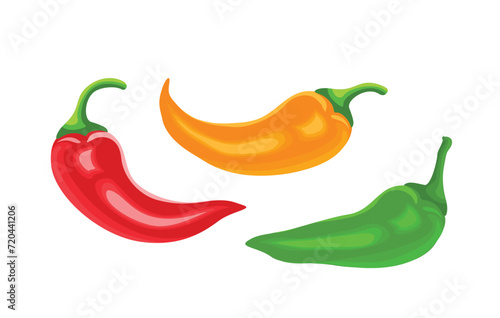 Chili peppers set. Vector yellow, red and green chili peppers isolated on white.  Cartoon flat illustration of spicy spices.