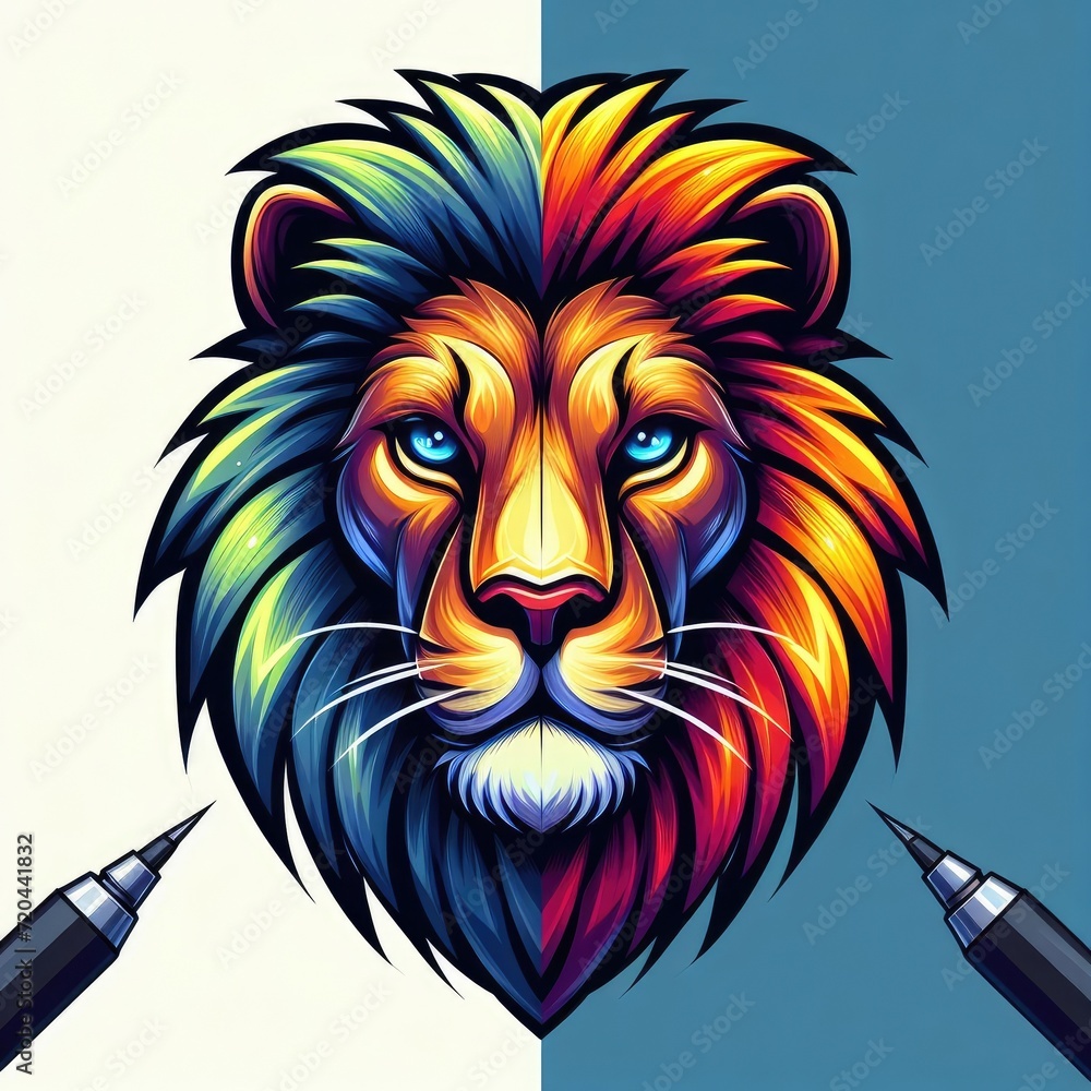 vector illustration of a colorful lion's head, with sharp eyes and shiny fur. shading and highlighting techniques. simple and minimalist