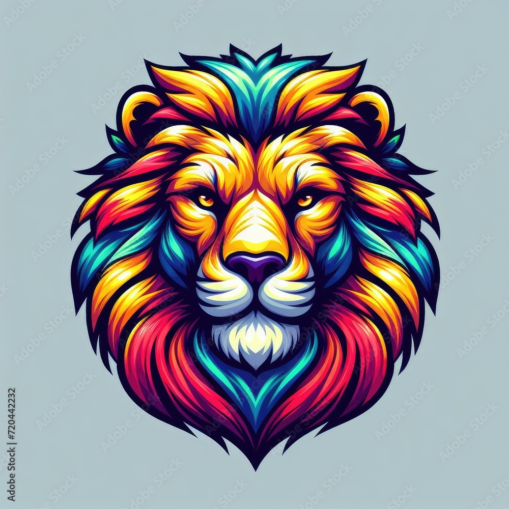 vector illustration of a colorful lion's head, with sharp eyes and shiny fur. shading and highlighting techniques. simple and minimalist