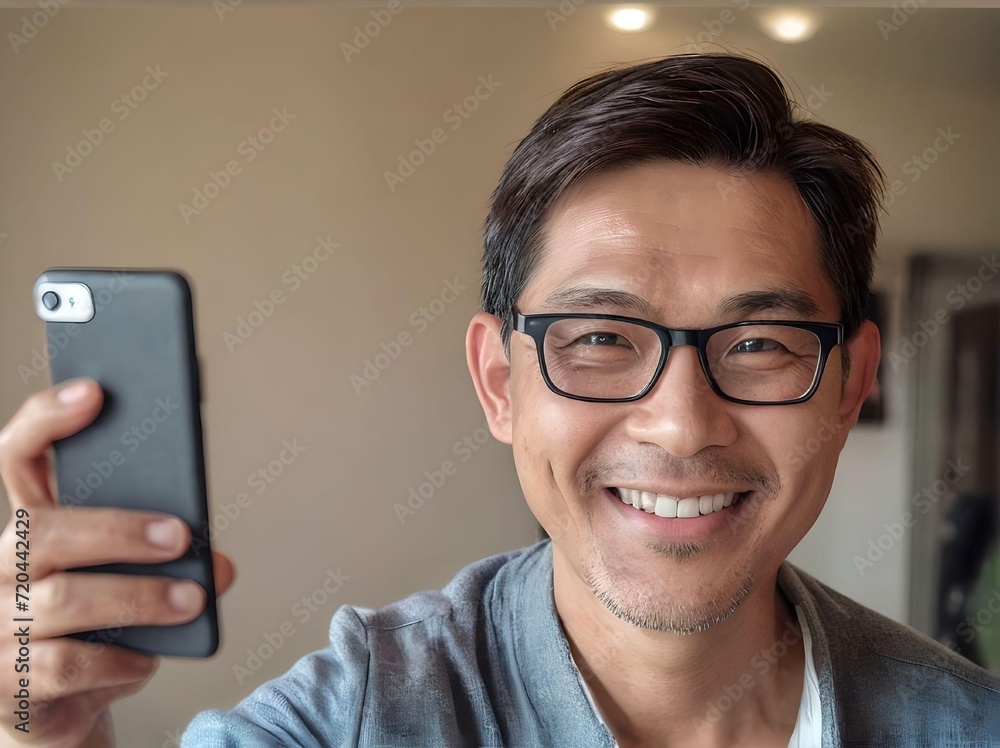 Portrait of Asian Man Holding A Smartphone Smiling with Glasses Looking at Camera in A Room
