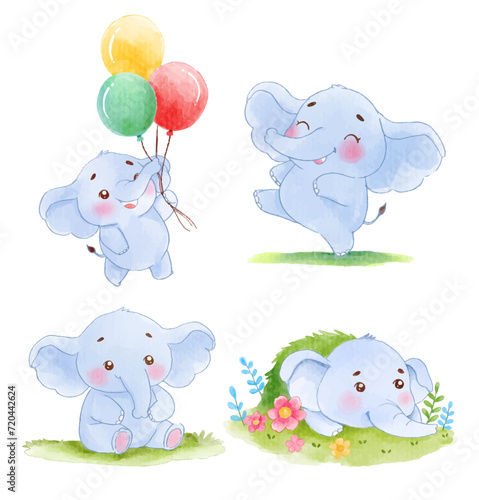 Fototapeta Naklejka Na Ścianę i Meble -  Watercolor cute Elephant cartoon character design collection with different on with background. Vector illustration	