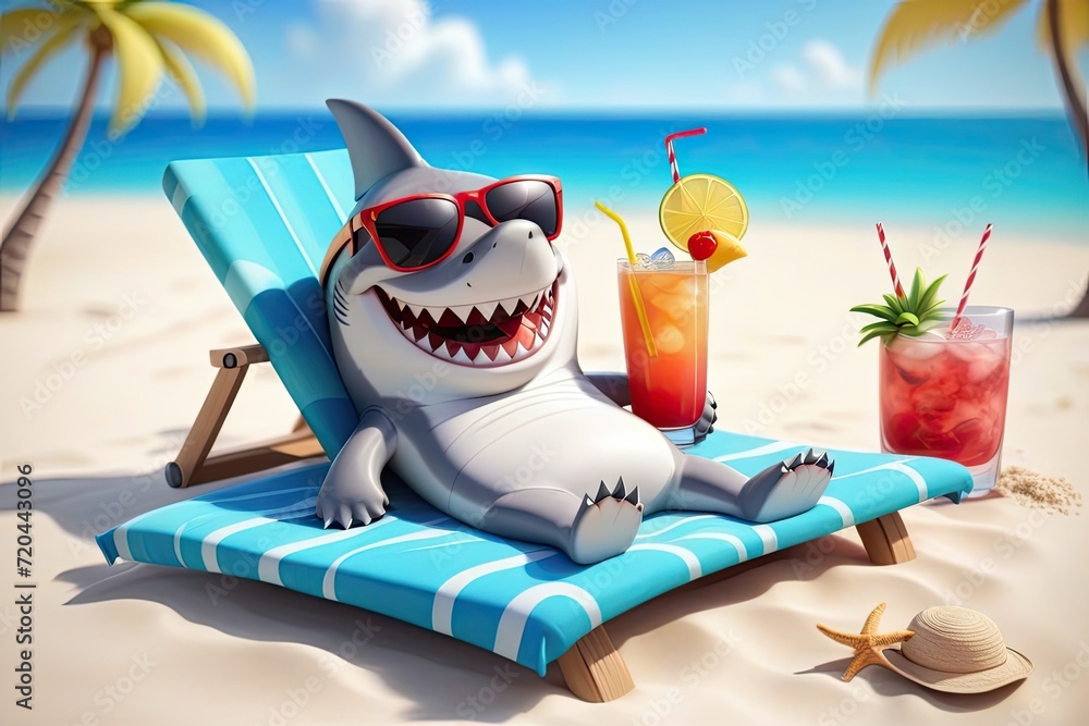 Cute 3D  shark character in sunglases with summer cocktail at the sandy beach, radiating vacation and relaxation.