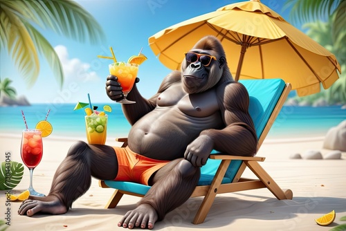Cute 3D gorilla  character in sunglases with summer cocktail at the sandy beach, radiating vacation and relaxation.