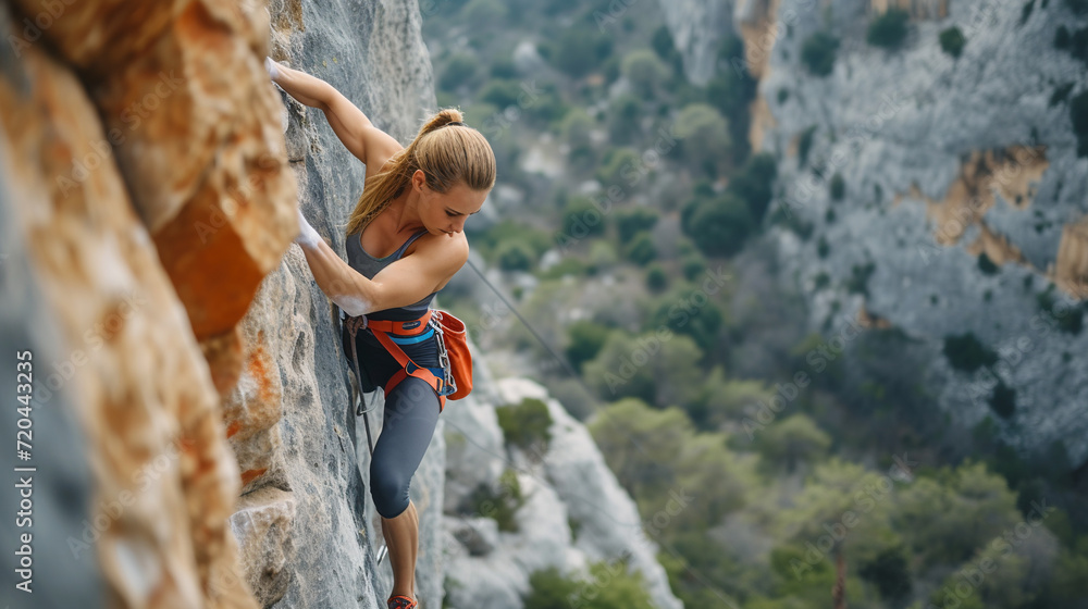 Athlete woman climbing the rock. Workout in mountains. - obrazy, fototapety, plakaty 