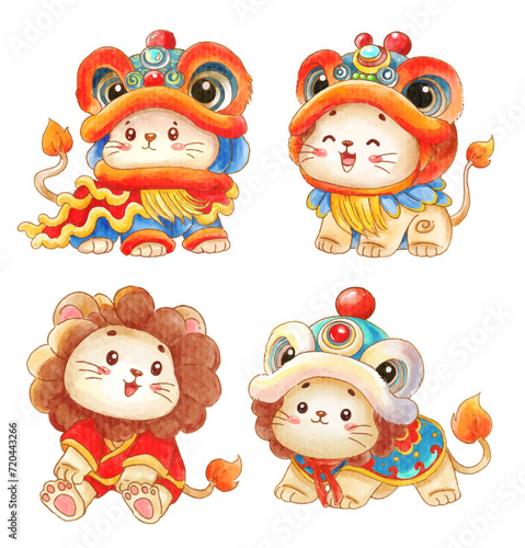 cartoon character lion design for Chinese new year  Animal holidays cartoon character set.