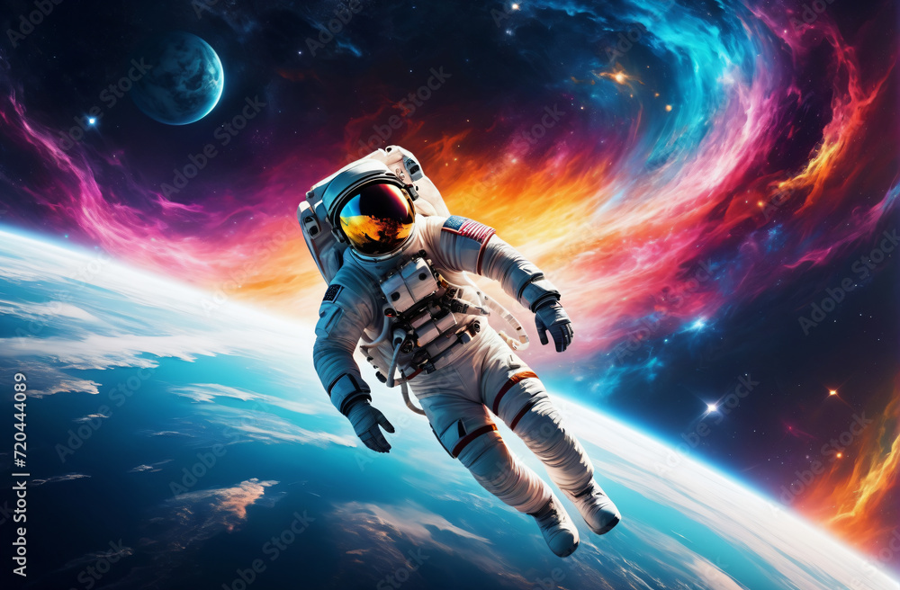 an astronaut soaring in the vastness of space, against the backdrop of planet earth, in the style of mesmerizing colorful landscapes filled with energy