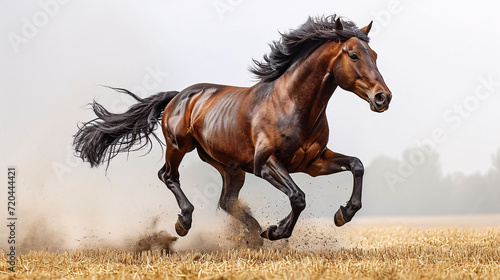 Akhal-Teke, rarest horse breed. The most beautiful horse in the world, a horse is worth a million dollars. Akhal-Teke stallion running in trot  photo