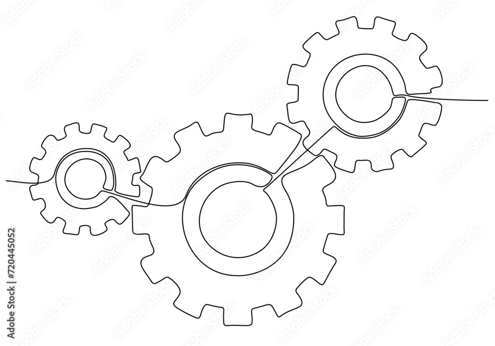 Continuous line drawing of machine gears. Gear vector illustration with cogs on transparent background. Machine gear technology concept in doodle style Continuous line drawing of machine gears. Gear vector illustration with cogs on transparent background. Machine gear technology concept in doodle style