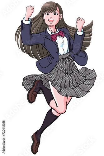 ジャンプしながら両手でガッツポーズ決める女子高生_ブレザー