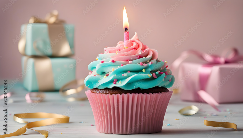 Delicious birthday cupcake with candle with gift box