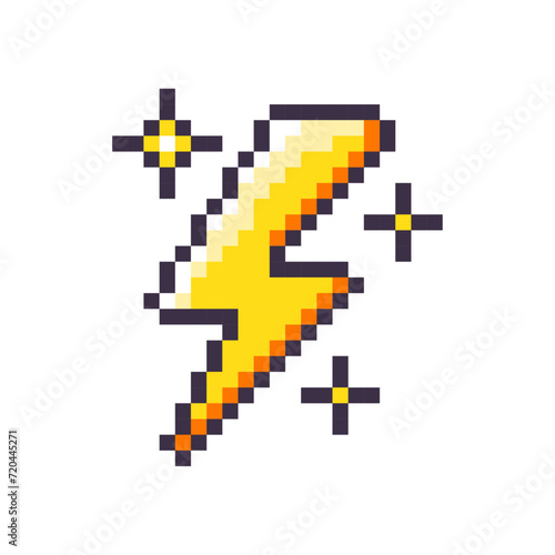High voltage sign isolated on white background. Electricity icon. Flash lightning. Charging icon. Vector pixel art illustration in 8-bit old style.