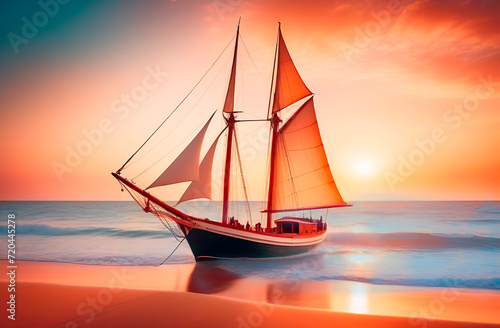 A sailing boat standing next to the sandy shore, in the rays of the setting sun, against the backdrop of the blue sea. A boat for fishermen and travelers.
