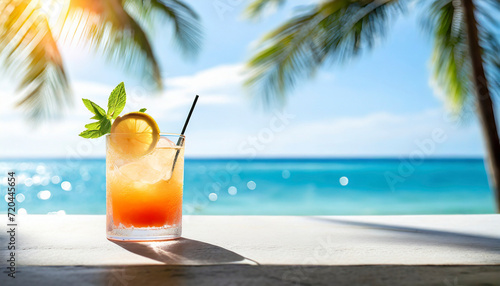 Cocktail on the beach with palm tree leafs and blue sky background