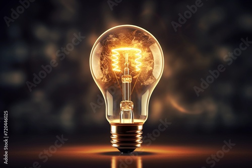 Glowing light bulb on dark background. Emerging of ideas and creativity concept.