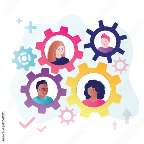 Colleagues working on common project. Team or organization, collaboration for success, team effort concept, business people working to rotate connected cogwheels gear.