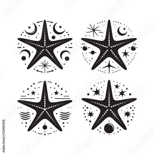 Marine Symphony: Starfish Silhouette Set Harmonizing in a Deep-Sea Sonata of Ephemeral Shadows - Starfish Illustration - Starfish Vector - Sea Creature Silhouette
