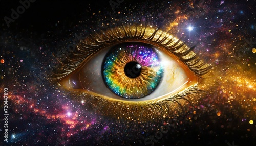 Eye with universe in the background and galaxy in the iris