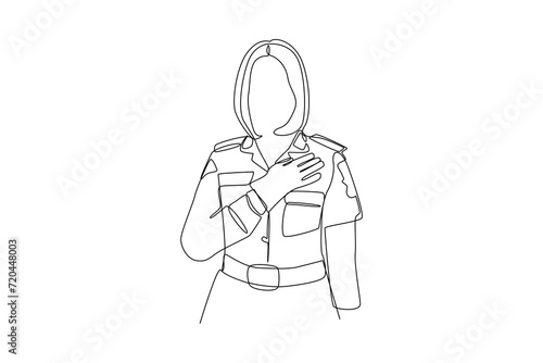 Female police officer in full uniform. Professional work job uniform. Minimalism concept one line draw graphic design vector illustration