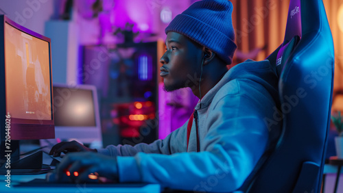 Focused african american male player wearing a beanie and a sweatshirt, sitting in a comfortable gaming armchair in front of a giant computer screen. High quality photo