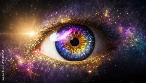 Eye with universe in the background and galaxy in the iris photo