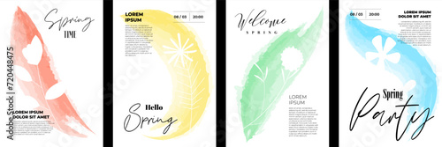 Hello spring poster set with abstract flowers. Floral hand drawn watercolor art march women holiday placard. Springtime artistic paint brush print. Banner with summer blooms. Herbal plants postcard