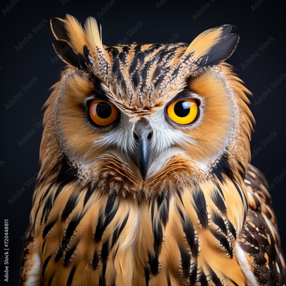 Fototapeta premium Majestic owl portrait isolated on black background for wildlife and nature concepts