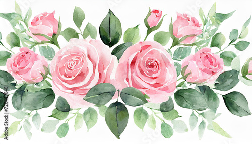 Border made of pink watercolor roses flowers and green leaves  wedding and greeting illustration