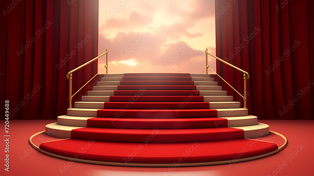 Fototapeta premium Red carpet staircase background, VIP entrance, night awards ceremony