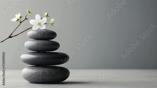 Zen stones stacked with a delicate white flower on top. photo
