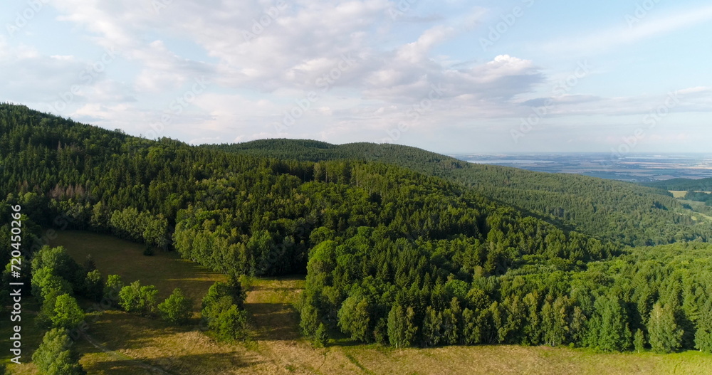 Aerialof beautiful green forest in a rural landscape
