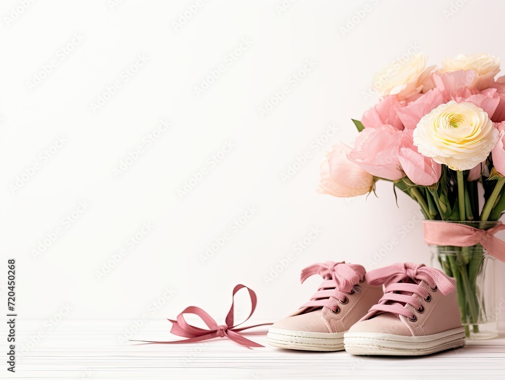 Colorful Bouquet of Flowers in a Glass Vase Alongside a Pair of Sneakers Colorful Bouquet of Flowers in a Glass Vase Alongside a Pair of Sneakers